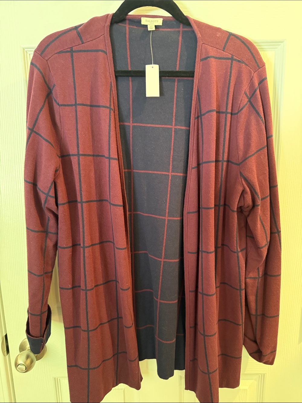 Talbots Burgundy Cardigan with Navy Windowpane Grid